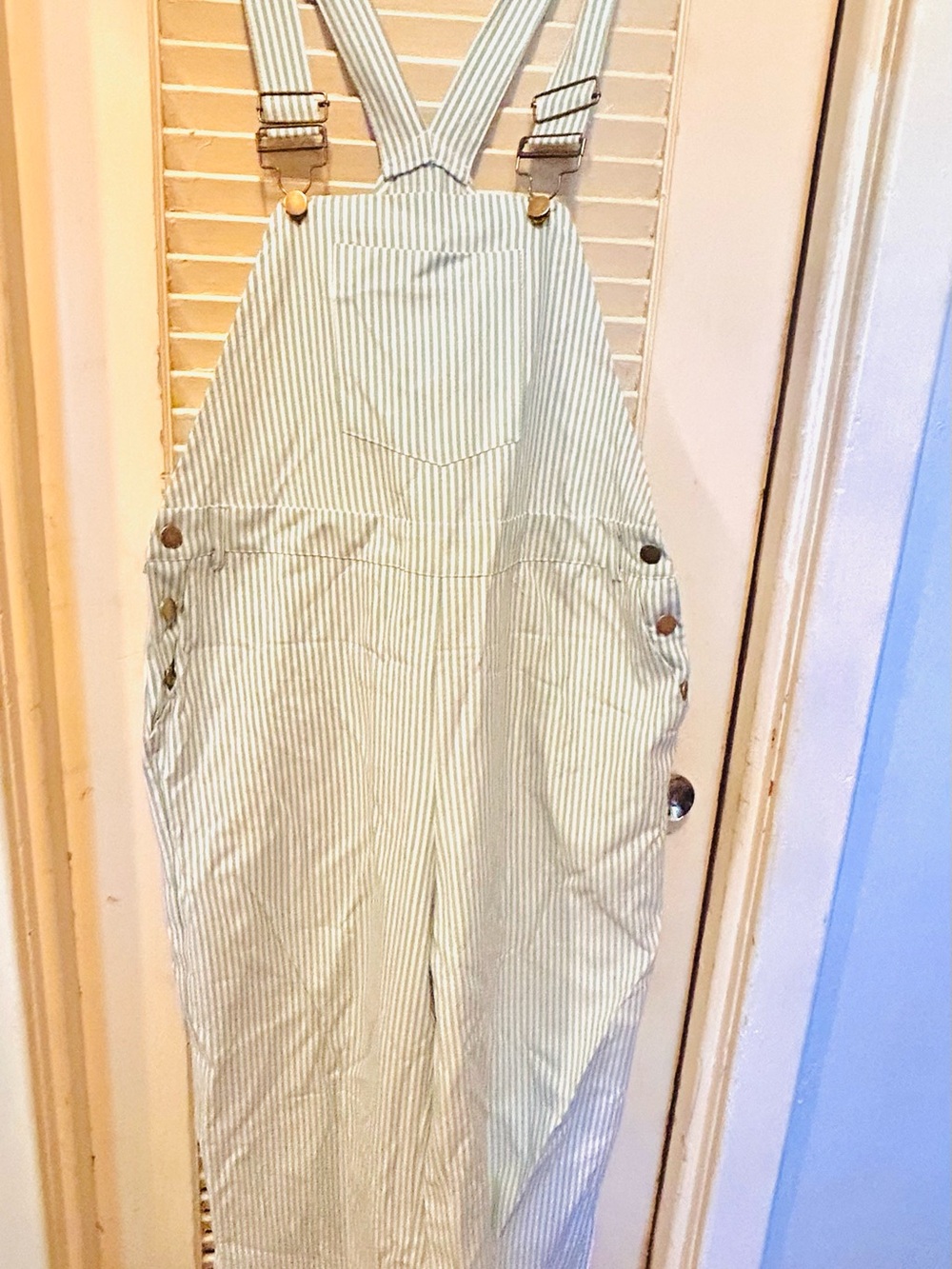Striped Cotton Overalls in Light Green - Women's Jumpsuit